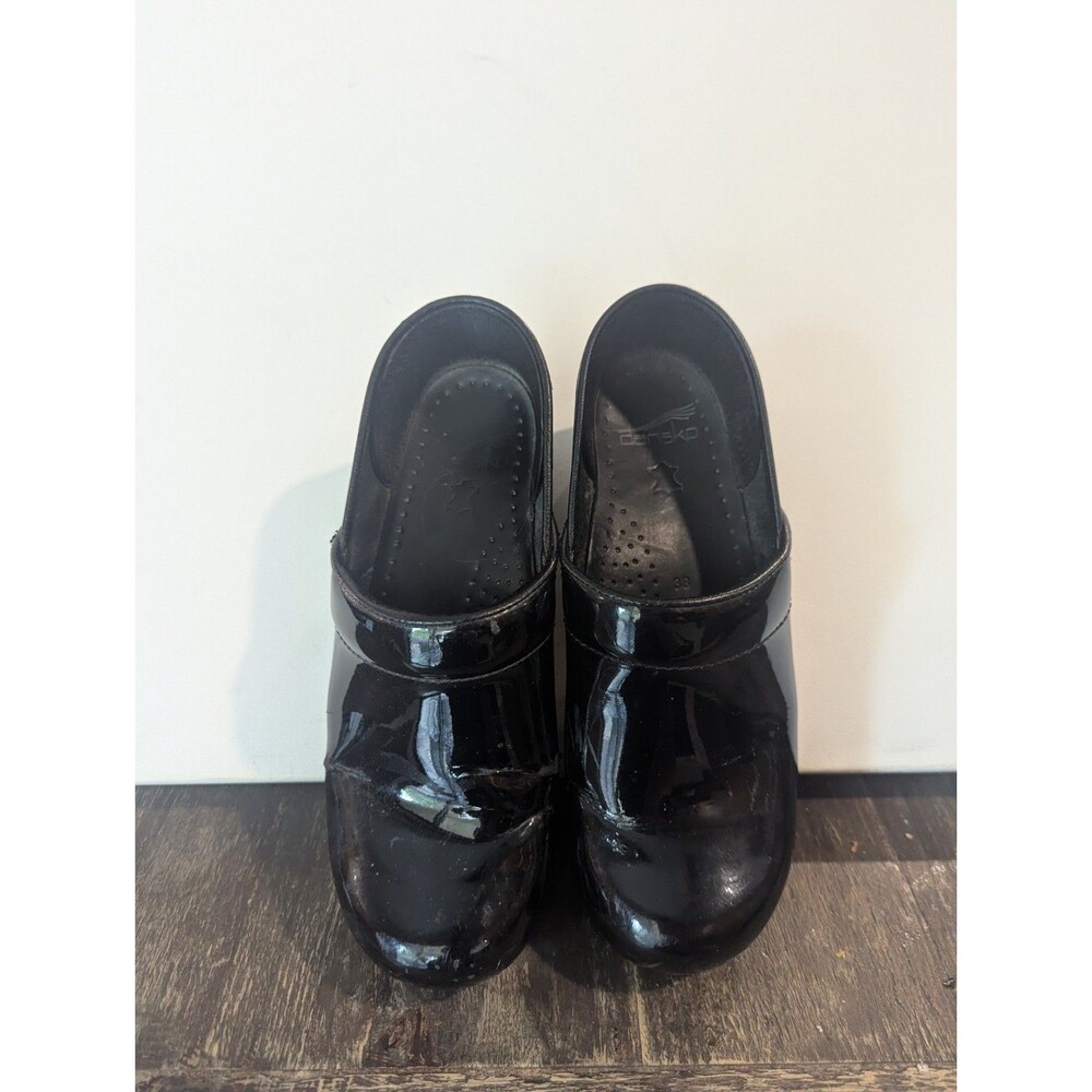 Dansko Professional Clogs Womens Sz 38 7.5-8 Black Petrol Patent Leather Read